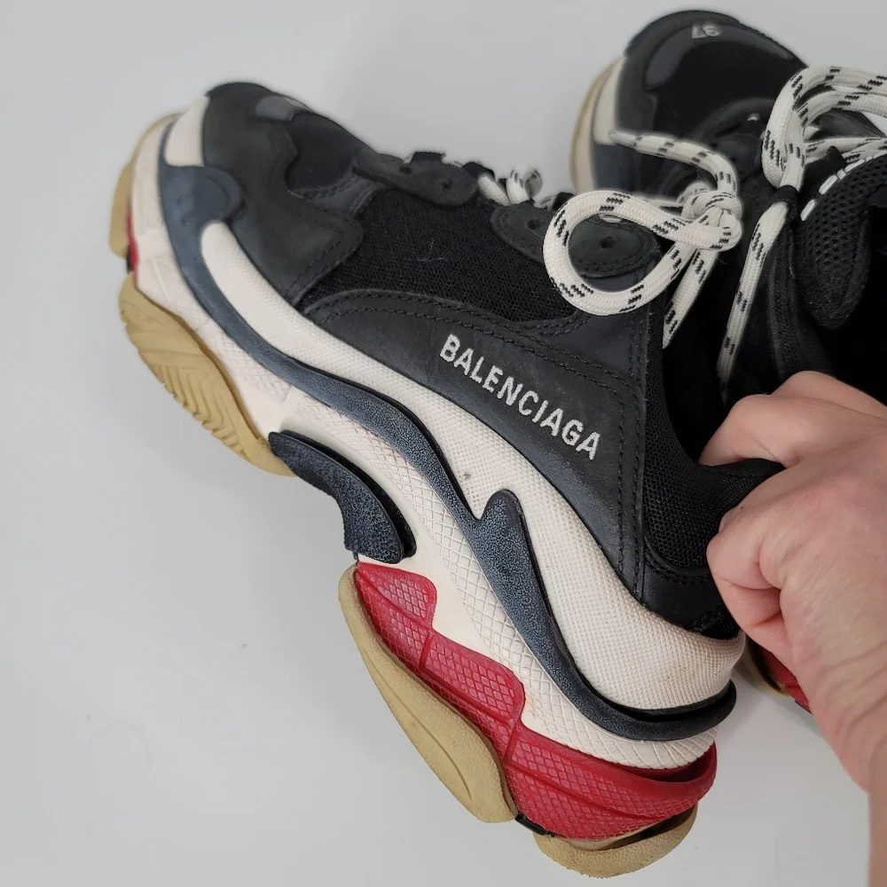 Balenciaga Black Leather Mesh Triple S Sneakers Size 7 HEAVY